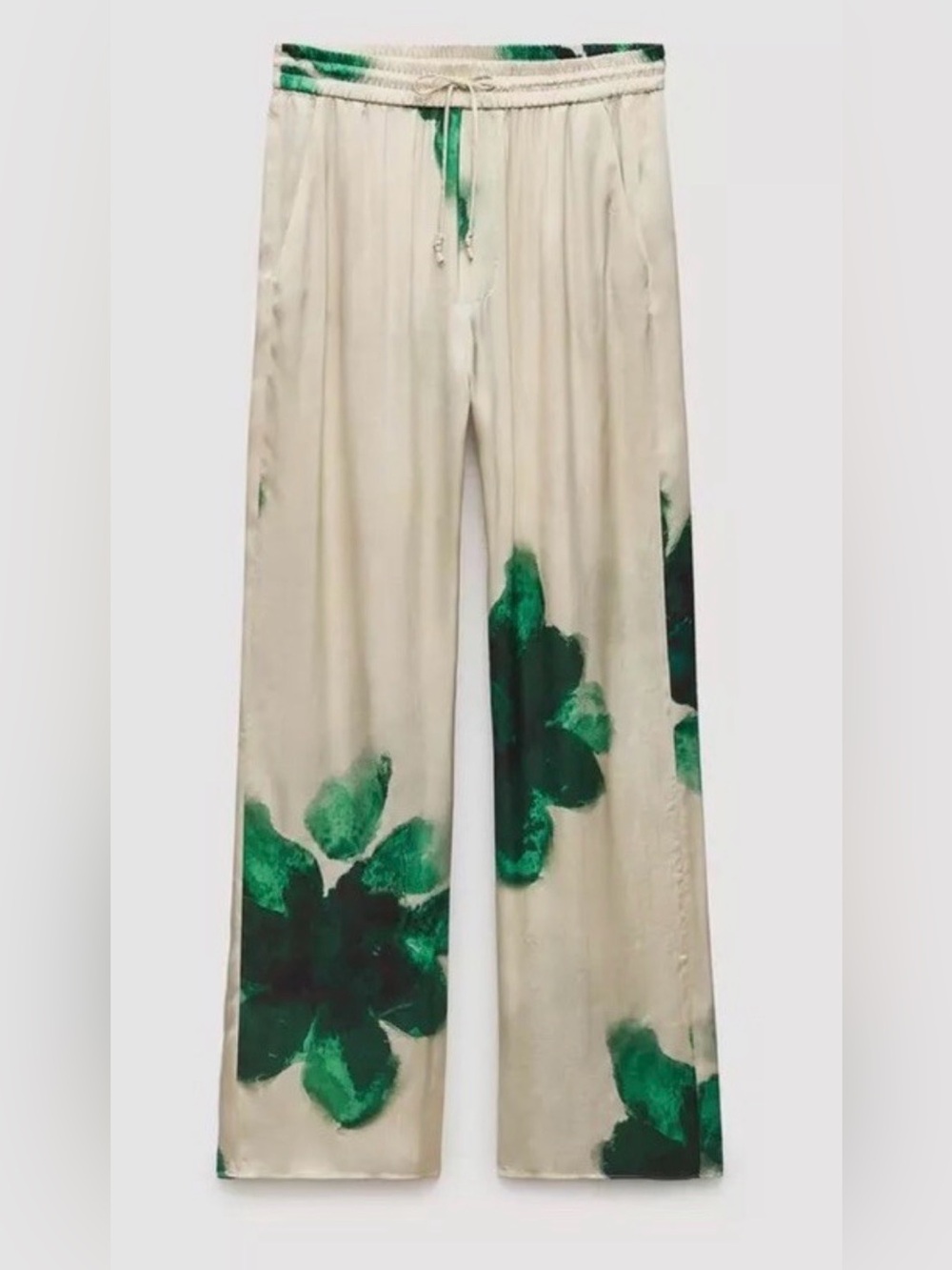 Zara Cream Wide-Leg Pants with Green Floral Motif